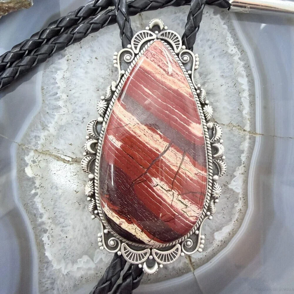 Sterling Silver Southwestern Style Large Snake Skin Jasper Bolo Tie For Men